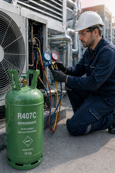 Trabajo técnico con manómetros y equipo de refrigeración